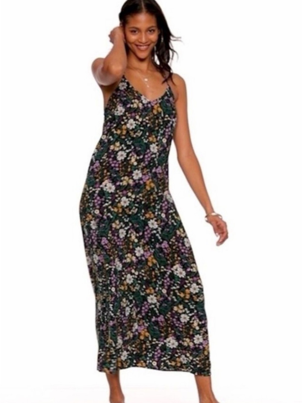 Old Navy Dark Green Floral Maxi Dress with Yellow & Purple Flowers